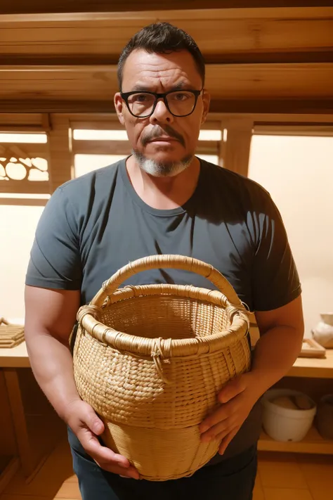 studio photograph of a man holding a basket made of straw and bamboo filled with beer bottles, (hiper-realismo :1.3), (fotorreal...