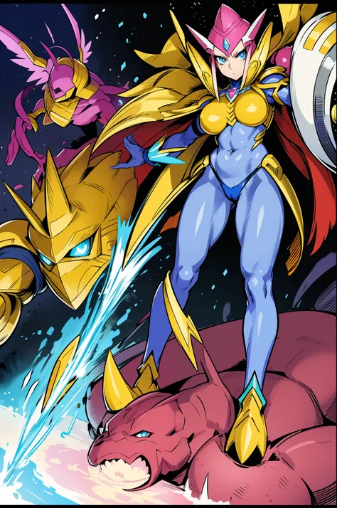 "Powerful barbarian with insect-like angelic armor, reminiscent of Digimon and Guyver, joins forces with a group of sentai heroes. The robot girl with huge breasts adds an overwhelming presence to the scene."
