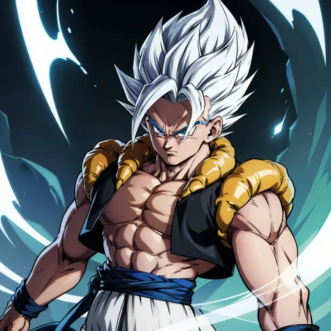 gogeta with white dyed hair and white eyebrow with a totally serious face