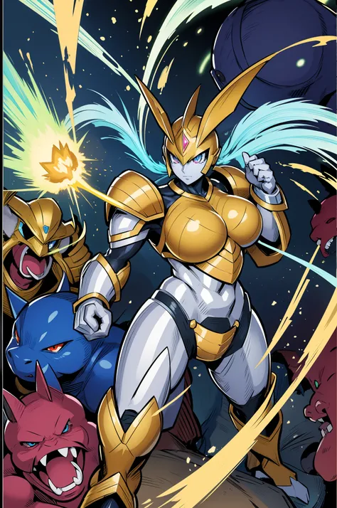 "Powerful barbarian with insect-like angelic armor, reminiscent of Digimon and Guyver, joins forces with a group of sentai heroes. The robot girl with huge breasts adds an overwhelming presence to the scene.",smile