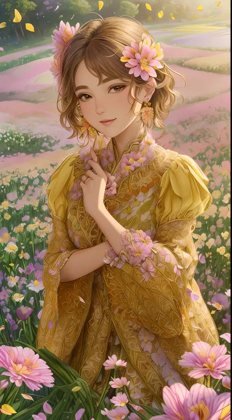 best quality, hires, extremely detailed, detailed background, diffused natural lighting, (flower field, flower petals, surrounded by flowers:1.4), (zentangle, fractal art:1.3), (many colors, colorful:1.1), (1milf, matured female, face focus), seductive, w...