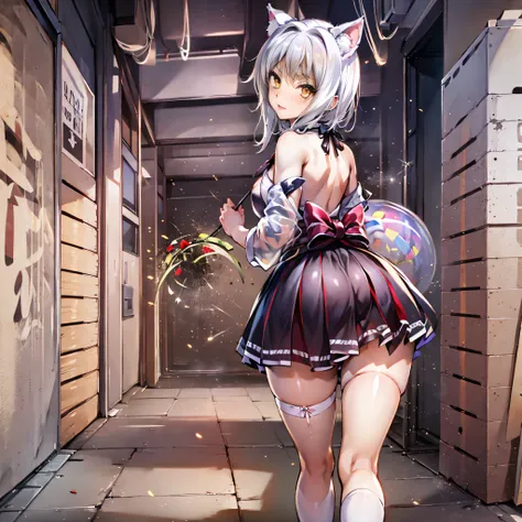 gym storeroom, Koneko Toujou (DXD), 1girl, white cat ears, (classic uniform), white cat tail, school hallway, red skirt, small breasts, black ribbon,, masterpiece, best quality, highly detailed