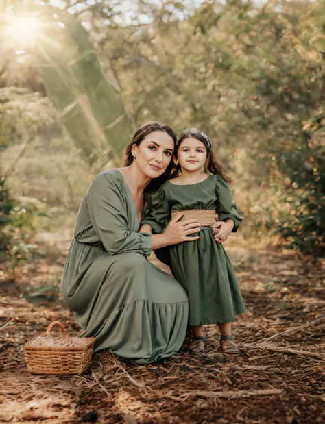 araffe mother and daughter in a forest environment, tiro de comprimento total, family photography, mid portrait, imagem retrato,...