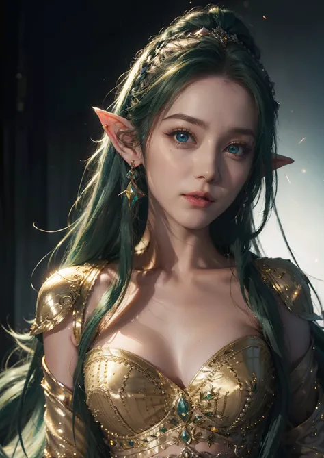 1girl in, elf-ears, Elven Princess, Green hair, Gradient Hair, Long hair, hair messy, Dreadlocks, hair clips, Hair Ornament, Jewelry, forehead gem, Hood down, star-shaped pupils, Gradient Eyes, aqua eyes, pointy ear, crystal earrings, Serious, Bright pupil...