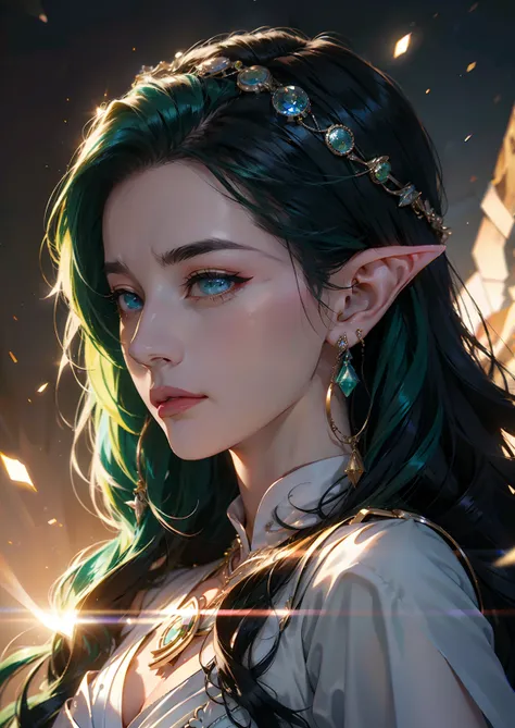 1girl in, elf-ears, Elven Princess, Green hair, Gradient Hair, Long hair, hair messy, Dreadlocks, hair clips, Hair Ornament, Jewelry, forehead gem, Hood down, star-shaped pupils, Gradient Eyes, aqua eyes, pointy ear, crystal earrings, Serious, Bright pupil...