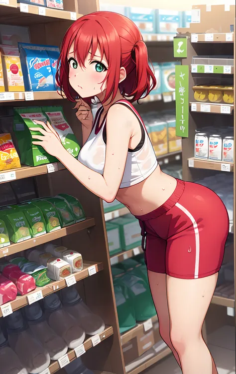 kurosawa ruby,pink crop top, white tight shorts,soaked in sweat,sweaty,  heavy breathing,red face,blunt hair,curvy body, standin...