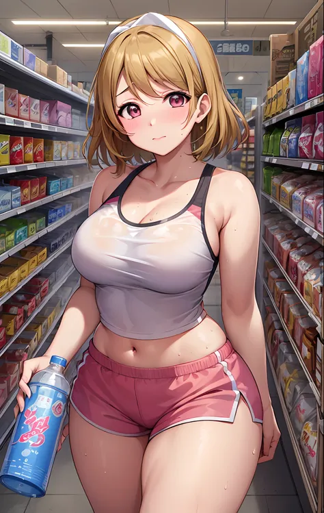 koizumi_hanayo,pink crop top, white tight shorts,soaked in sweat,sweaty,  heavy breathing,red face,blunt hair,curvy body, standi...