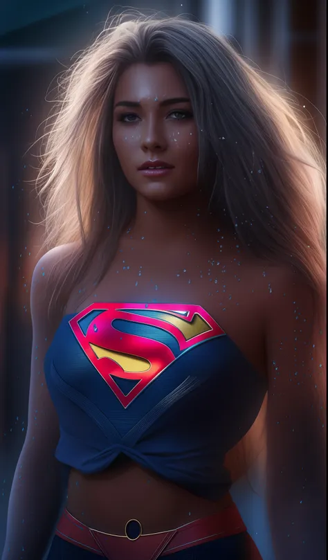 female (non-ethnicity with long curly hair, brightly detailed face, sensual smile, ((light eyes))), dressed as supergirl in an a...