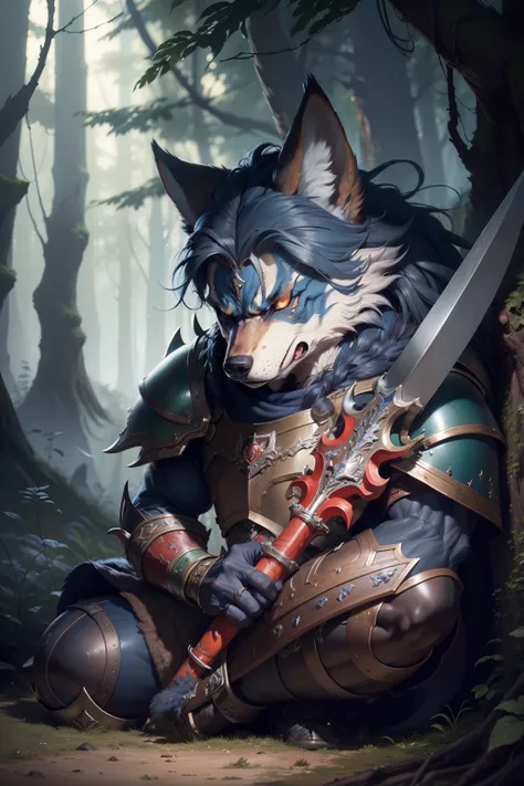 hyperdetailed painting, jean-baptiste monge style, anthropomorphic wolf, knight, muscular ,detailed pupils ,dark blue hair, red ...