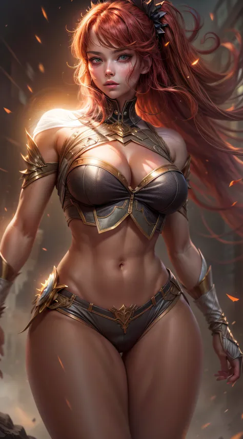(masterpiece, best quality, high quality, high resolution: 1.4), detailed, extremely detailed, soft ambient lighting, 8K, In a world where beings have special powers, 1girl , light eyes, extremely detailed, glowing eyes, short red hair, hair with intricate...