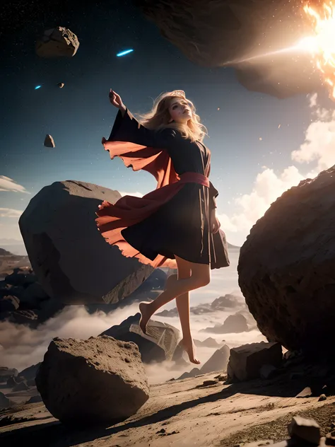 female barefoot summoner levitating with blonde hair robes and cape arms lifted up over a broken earth bright lava light from below asteroid field (jagged rocks boulders and debris shooting into the air:1.3) (windy dust debris storm:1.1) volumetric fog mis...