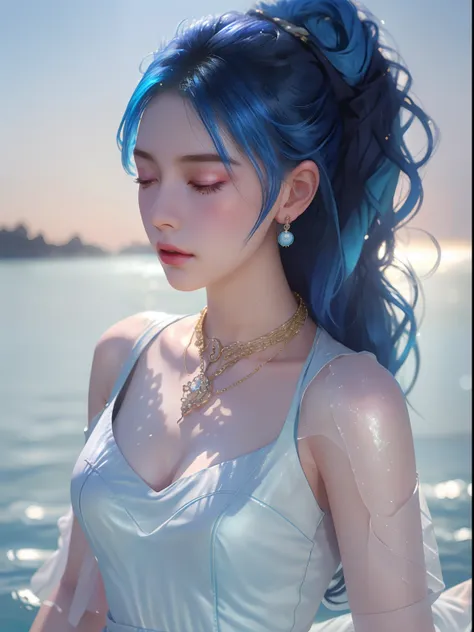 1girl in, solo, blue hair, (swimming), (ocean), makeup, pink lipsticks, parted lips, closed eyes, long hair, hair messy, cute, u...