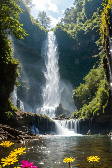 (big waterfalls) butterflies, unicorn, fantasy, mermaids, forest, cliffs, wildflowers, fairies, hotsprings, cinematic raw photo,...