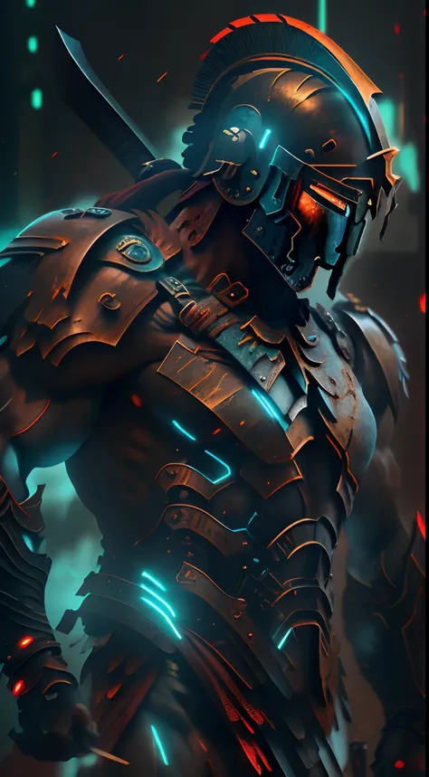 (ultra resolution 8k), impresionante obra maestra,cyberpunk spartan warrior as titan of the digital age. dressed in biomechanica...