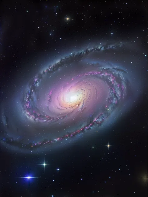 una galaxia espiral con un centro azul brillante rodeado de estrellas, galaxia masiva, galaxia espiral, vista de la galaxia espi...