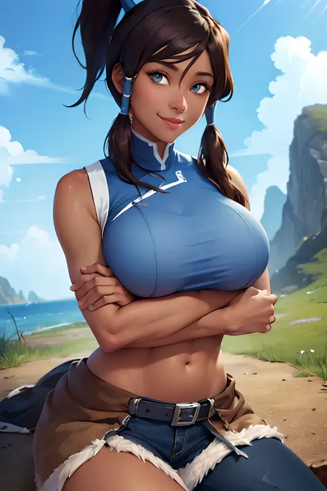 (masterpiece, best quality:1.2), cowboy shot, solo, 1girl, korra,((huge perky breasts:1.2 )), dark skin, dark-skinned female, sm...