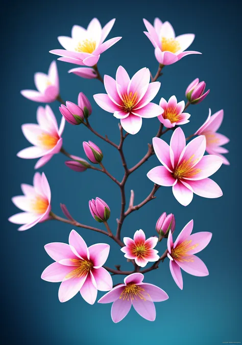 a close-up of a bouquet of flowers on a branch，paul barson，blossoms，beautiful digital artworks，beautiful digital art，flowers and...