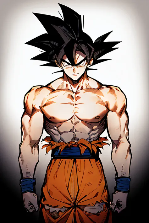 son goku, 1boy, closed mouth, male focus, muscular, muscular male, rock, sash, serious, solo, spiked hair, topless male, torn cl...