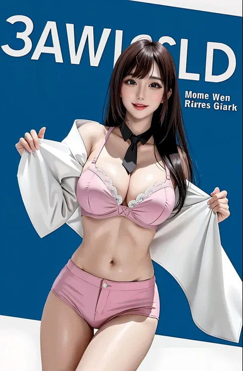 (top-quality、​masterpiece)、Cover of womens gravure magazine、1girl in、A stunning、A sexy、barechested、an lingerie、A smile、a miniskirt、Texto、charted、advertisement、Adult Video Titles、(((Colossal tits)))、large full breasts、Sheer areol、Pink underwear is visible、S...