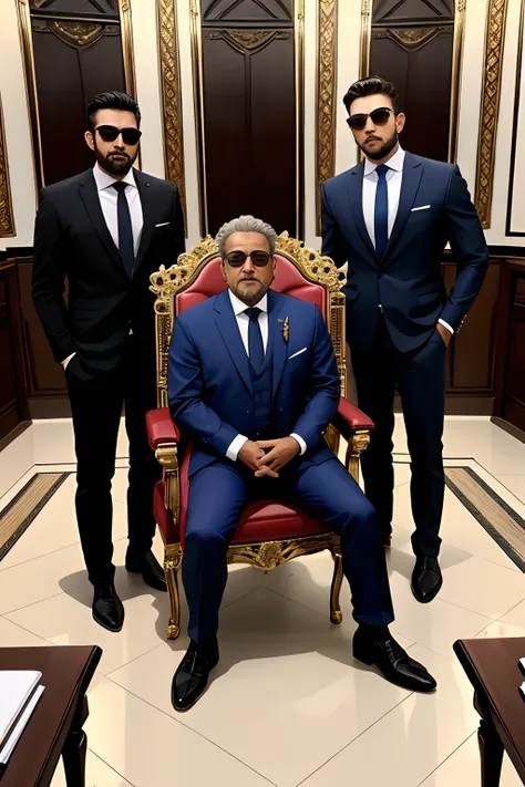 um homem velho sentado no trono, terno preto, sunglasses and four men around him all in suits, pose imponente, ambiente escuro) sala escura, open angle, distante escuro