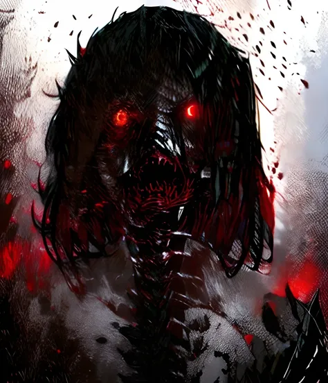 Long bones dark black skeleton with a black coat and red shining eyes holding a longsword with blood dripping from its blade in a dark forest at night with a big fog, dark, creepy, horror fantasy