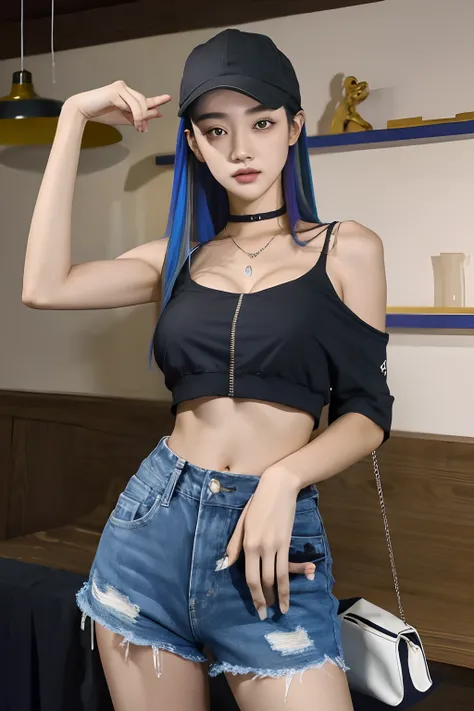 masterpiece, best quality, absurdres, perfect antomy, Ouro Kronii, 1girl, solo, long hair, multicolored hair, breasts, bag, bare arms, bare shoulders, black belt, black baseball cap, black shirt, cleavage, crop top,looking at viewer, navel, shorts, train i...