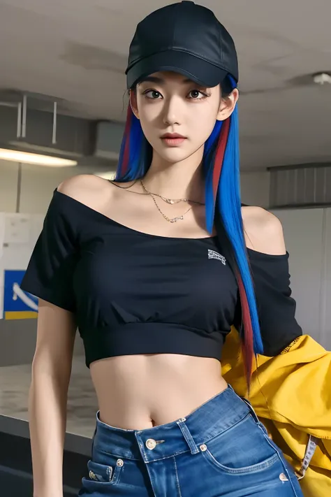 masterpiece, best quality, absurdres, perfect antomy, Ouro Kronii, 1girl, solo, long hair, multicolored hair, breasts, bag, bare arms, bare shoulders, black belt, black baseball cap, black shirt, cleavage, crop top,looking at viewer, navel, shorts, train i...