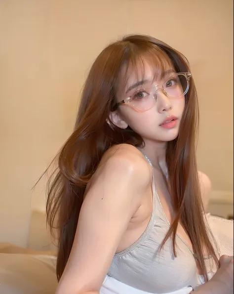 araffed asian woman in glasses sitting on a bed, brown hair long，by bangs, long whitr hair，thick bangs, gorgeous young korean wo...