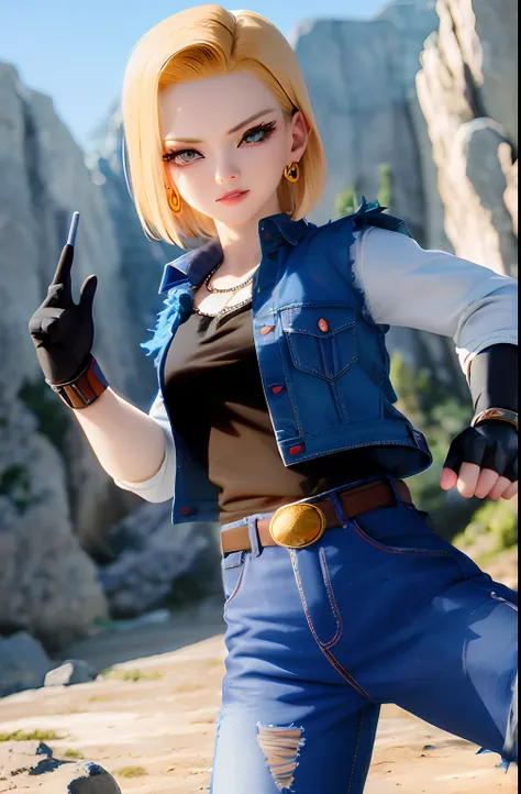 anime - imagem de estilo de uma mulher em um colete azul e jeans posando para uma foto, android 18, fanart requintada altamente ...