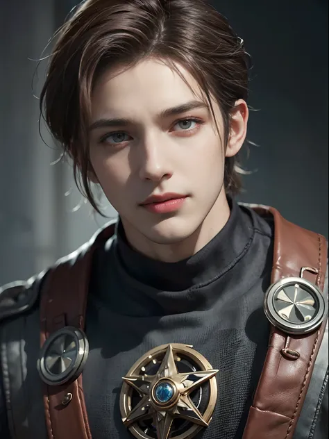 1 man, with golden eyes, standing, handsome, with very short red hair (slicked back hairstyle) and a white shirt, smirk and grin, handsome and muscular guy in demon slayer art, mechanic machine cyborg fusion, gear strive graphics, realistic, dynamic pose, ...
