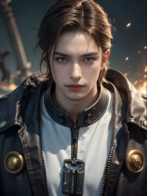 1 man, with golden eyes, patroling on a mission, stern expression, handsome, with very short red hair (slicked back hairstyle) and a white shirt, handsome and muscular guy in demon slayer art, mechanic machine cyborg fusion, gear strive graphics, realistic...