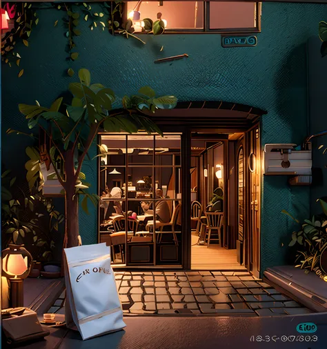 The coffee,Crowd drinking coffee in the house, 3D style,3D illustration,Night café,Rendering of lights,a sense of atmosphere,the detail