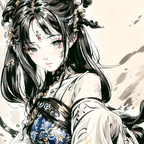 Close-up of a woman with black hair,Belle peinture de personnage,white hanfu,Splash ink,Epic and beautiful character art,Stunning character art,holding a longsword,Chinese ink style,Intricate detailing concept art,Wear hairpins on your head