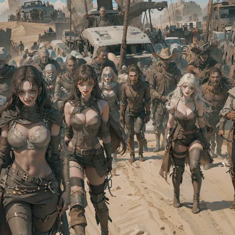 fortaleza armada, fortaleza legana, en medio del desierto, rodeada de sexys mujeres tetnonas ligeras de ropa, ciudad mad max, po...