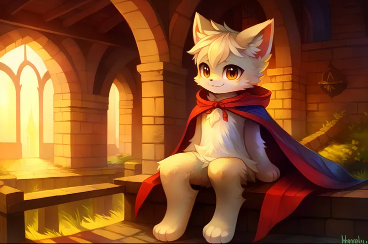 by haychel, by kekitopu, by revous, masterpiece, solo, high quality, inside castle, anime, game cg, kemono, furry, boy, smsll ki...