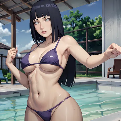 Hinata,1girl,solamente, Beautiful, muslos de Thicc, pechos enormes, Wearing purple gradient bikini, en piscina,ojos puros, Alumnos realistas, Ojo altamente detallado, Perfect anatomy, good anatomy, Good Composition, Axilas, sweating, Mom, Milf, muslos de T...