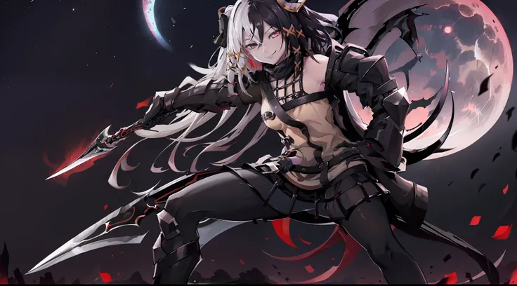 black and red scythe, holding giant black and red scythe, full scythe in picture, battle, night time, grassland, stars, outside, moon, naughty smile, domineering smile, arrogant expression, cocky attitude, masterpiece, best quality, (1girl), (1 girl)