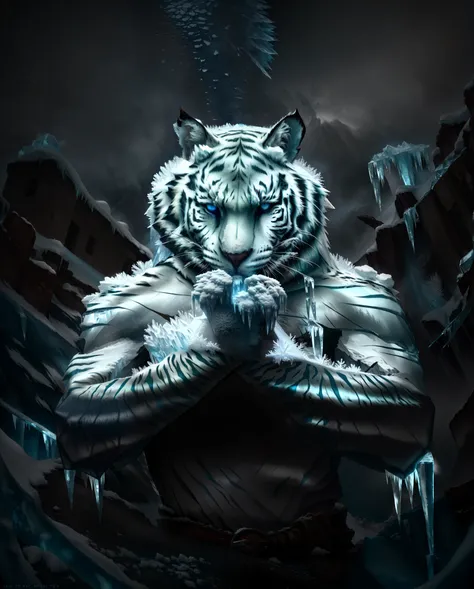 ((White Tiger-Man)) (Silavra)(Perfect facial features:1.4),(Blue silk robe),(Mysterious magic formations:1.2),Blue glow,(((Powerful ice magic))),(((Icicles))),Towering over the landscape,Blue light cold light,(((Ice storms))),Wind,((Flying snow ice and sno...
