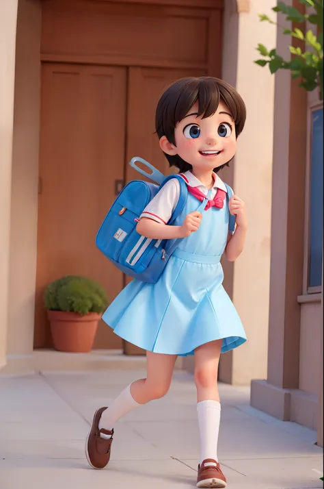 ((a schoolboy runs with a school bag)), (cute and innocent), (simple smile), (student dress-up), (innocence and childlikeness), ...