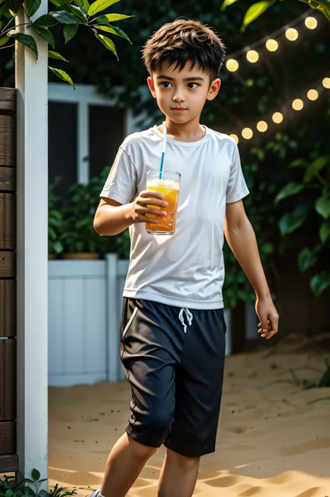 best quality, offical wallpaper, 1boy, drink soda in a lemon garden,  realistic, photorealistic,  (eos r8,50 millimeters,f1.2,8k...