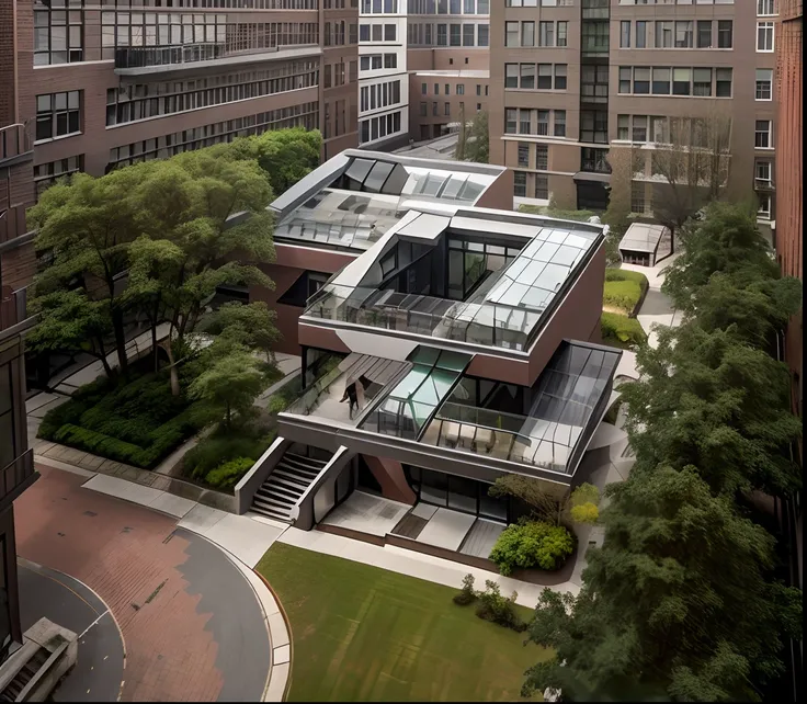 RAW photo,Masterpiece, high quality, best quality, authentic, super detail, exterior, headquarter office style modern , (Modern minimalist lines:1.2),(colorful brick wall), glass windows, tree, landscape, ((sunlight)), sky, archdaily architecture, vivid co...