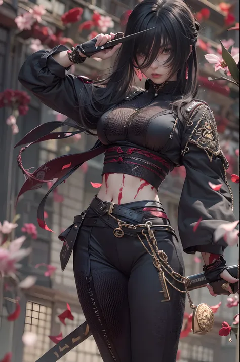 black hair, 1 female assassin, black reotard, black colored leggings，female ninja, sexy body, bigchest, thin waist and thick hip...