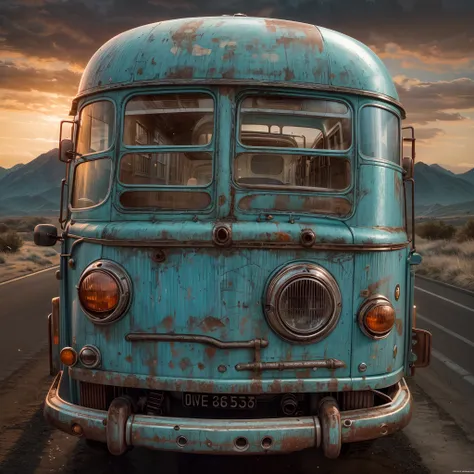 establishing capture, well-loved vintage light blue bus, object focus, dented metal and enamel flank, soft pink orange sunset re...