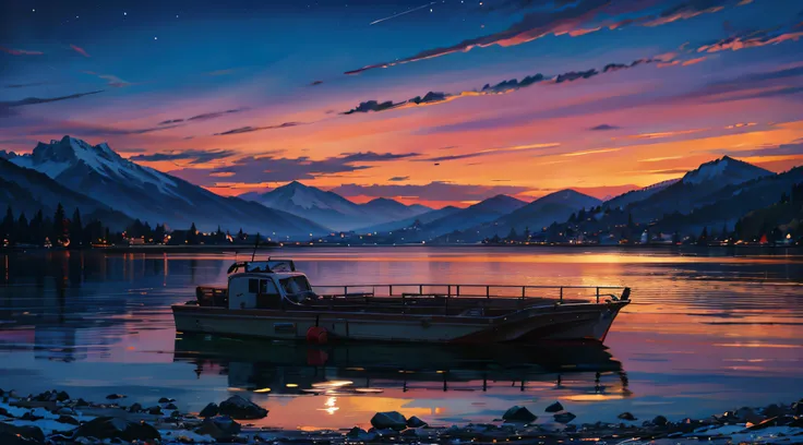 Highest image quality,European twilight,High mountains in the distance,Lakeside building,beautiful cloud,Gorgeous lake,