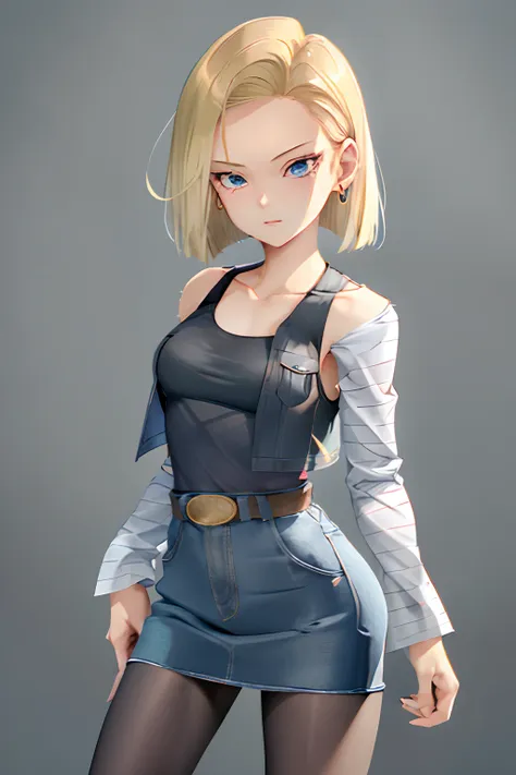 best quality, highres, and18, 1girl, android 18, solo, blonde hair, blue eyes, short hair, earrings, jewelry, denim vest, open v...