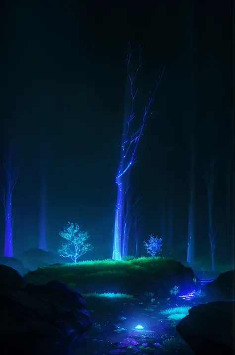 vn_bg, no humans, a mystical forest filled with bioluminescent plants and creatures, casting an ethereal glow in the night, aest...