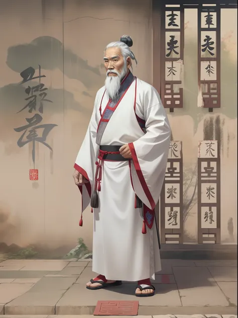 chinese ancient times, an old man, asian people，gray hair and beard, black eyes，thin body, weakness of the body，standing on your...