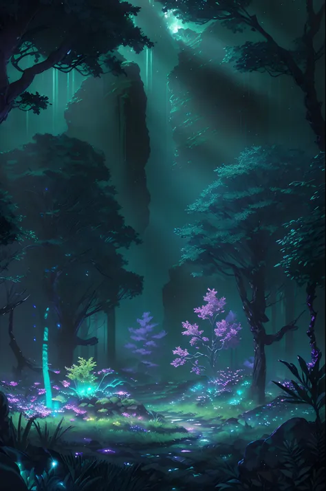 vn_bg, no humans, a mystical forest filled with bioluminescent plants and creatures, casting an ethereal glow in the night, aest...