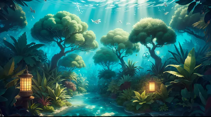 Under Water Style ((Masterpiece)), (((Best Quality))), ((Ultra-detailed)), (amazing:1.1), beautiful, Nature, Heaven and Earth, tempestuous winds, Windswept, Line Cloud,Light from the clouds, Jungle wildlife and fauna in dense secluded leafy jungle,award w...