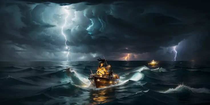 scene: sea storm, the sea is rolling, lightning and lightning
body: the boat is bumpy, young person(ma ji)paddle
background: hug...